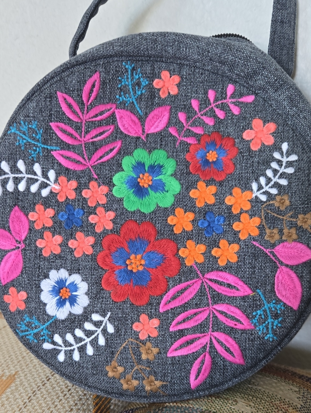 Round Embroidered Floral Crossbody Bag - Charcoal